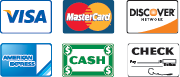 We accept Visa, MasterCard, Discover, AmEx, Cash and Check